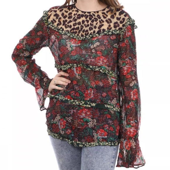 Scotch & Soda Blouse Long Bell sleeve Sheer Viscose Mixed Print Animal Floral S - Picture 1 of 15